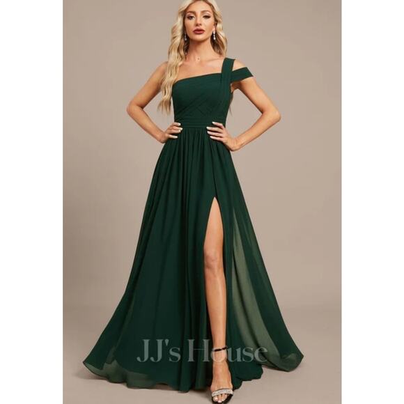JJ's House NWT Dark Forest Green One Shoulder High Slit Floor Length Gown Sz 14 - Picture 1 of 12